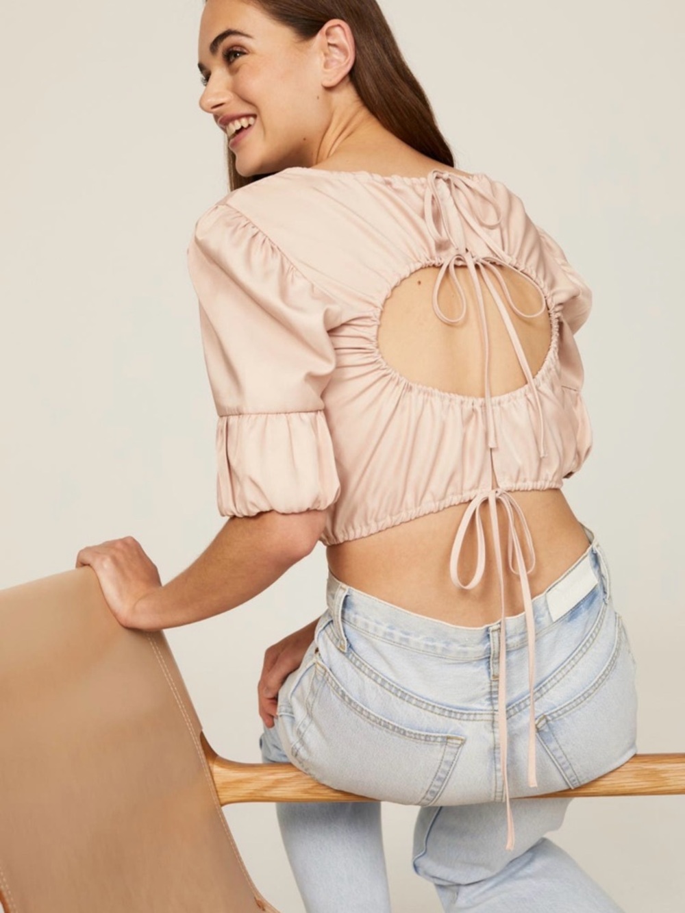 Open-Back Puff Sleeve Crop Top in Blush Pink by Love, Whit MSRP $195